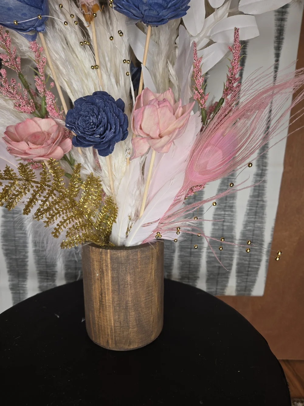 Navy Blue & Blush Pink Sola Wood Flower Arrangement with Feathers + Wood Vase